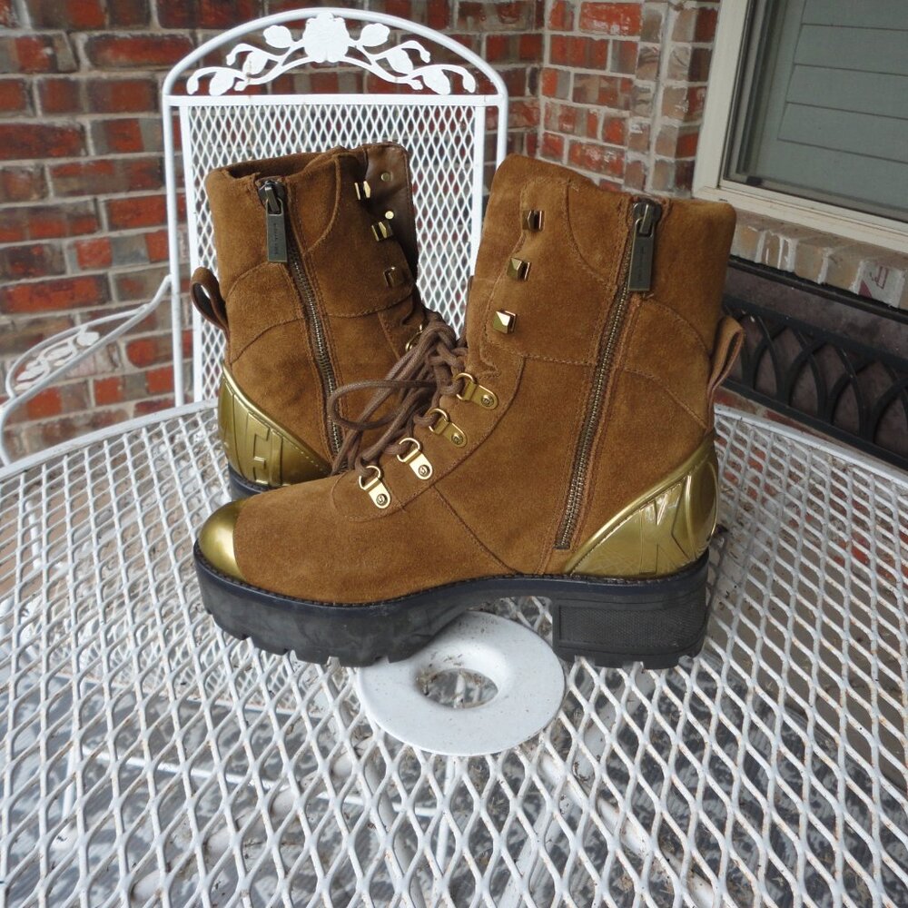 MICHAEL KORS "Khloe" Brown Suede Chunky Combat Boots with Gold Trim Size 7.5 - Picture 2 of 9